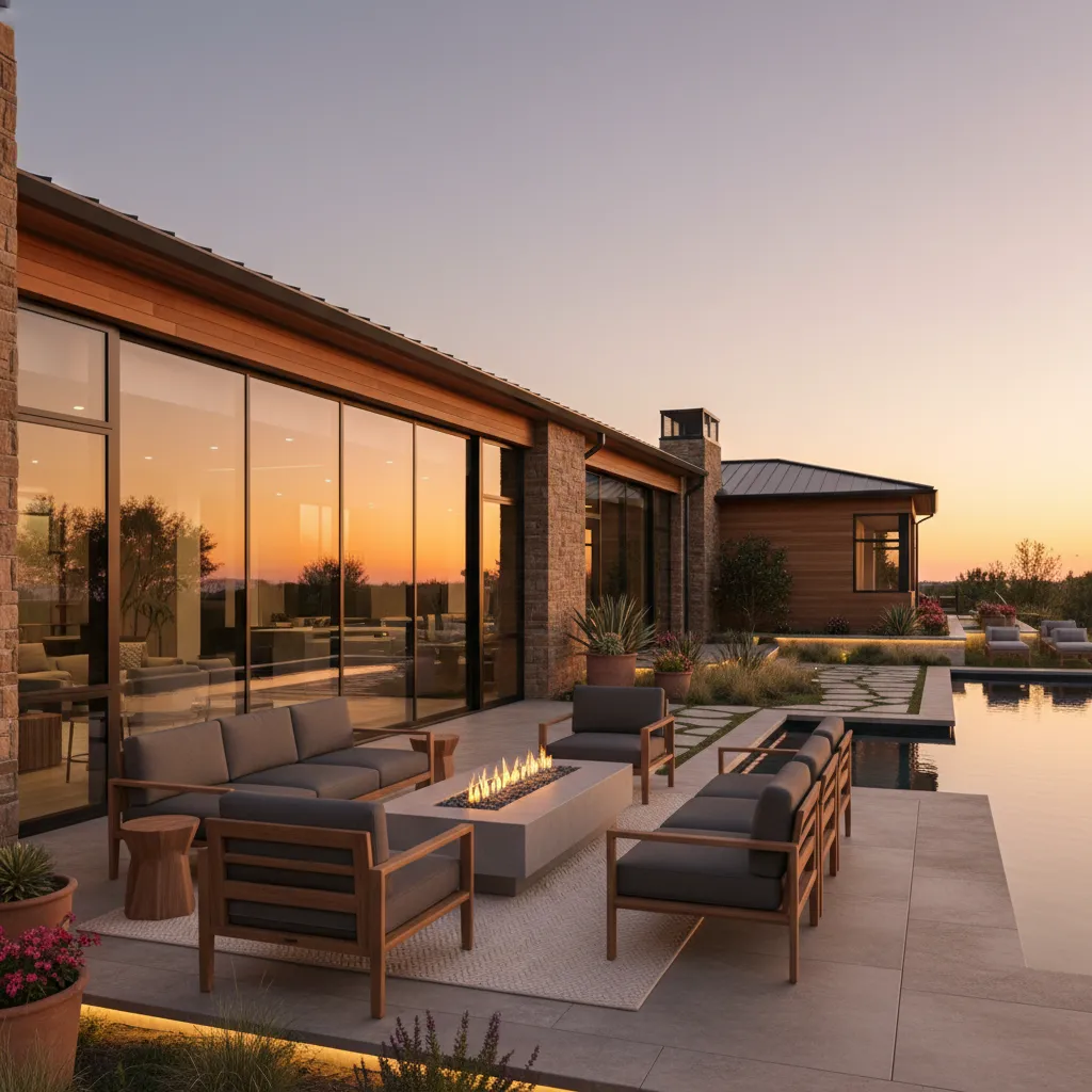 Luxury modern ranch house with backyard patio and large glass doors