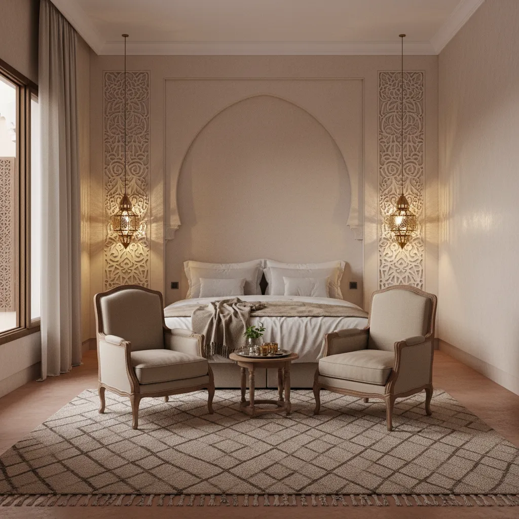luxury Moroccan riad bedroom suite with arches and neutral palette