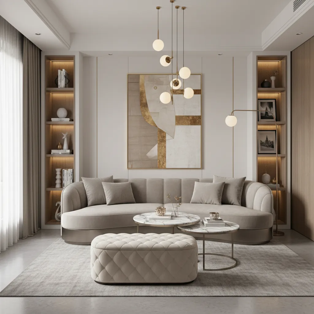 Luxury small living room with multifunctional furniture and nesting tables