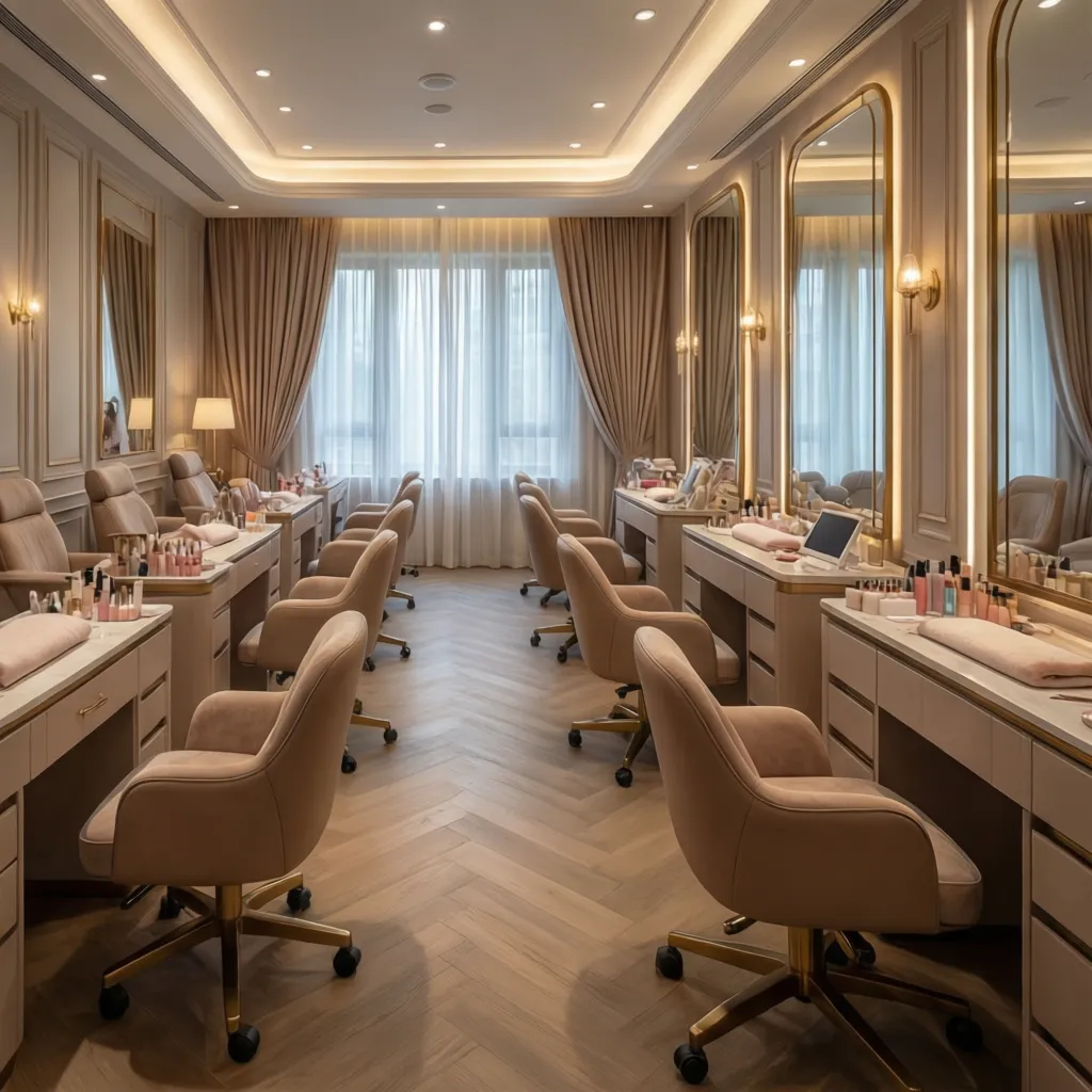 Interior elegante de spa de uñas con iluminación ambiental