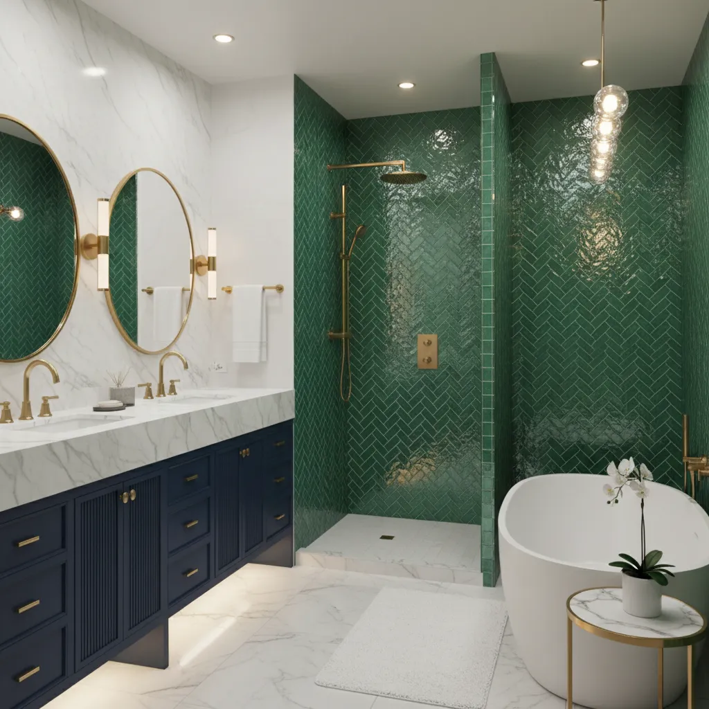 luxury bathroom with navy vanity emerald shower and brass fixtures