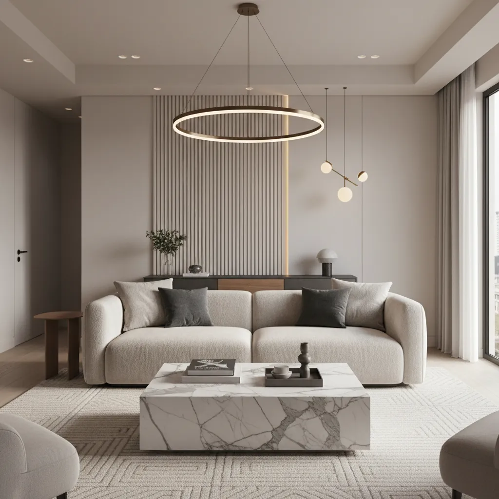luxury black grey cream living room with marble table and textured sofa