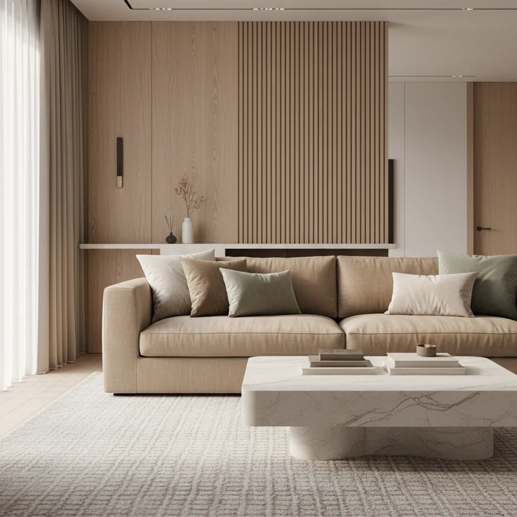 Neutral luxury interior showing layered textures like linen velvet wood and stone