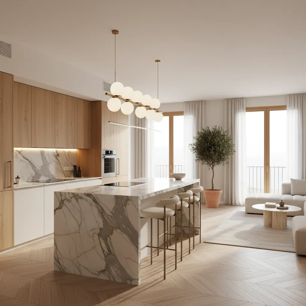 Cocina abierta de diseño en vivienda de lujo