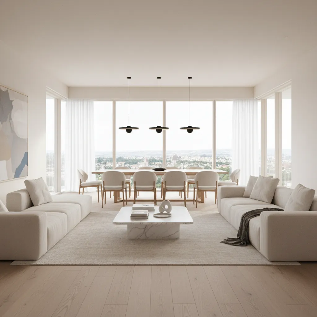 Modern luxury open plan living and dining room layout with sectional sofa and dining table
