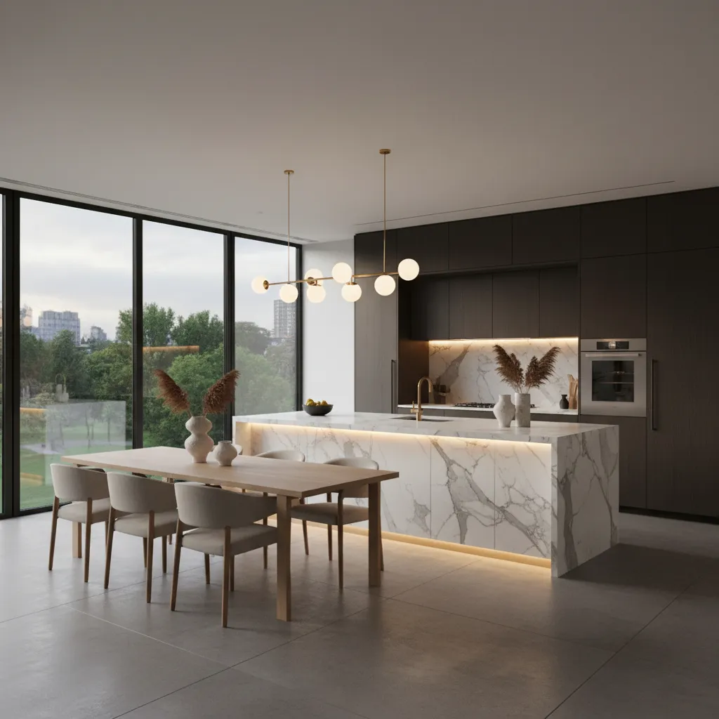 Cocina abierta moderna integrada con comedor en casa de lujo
