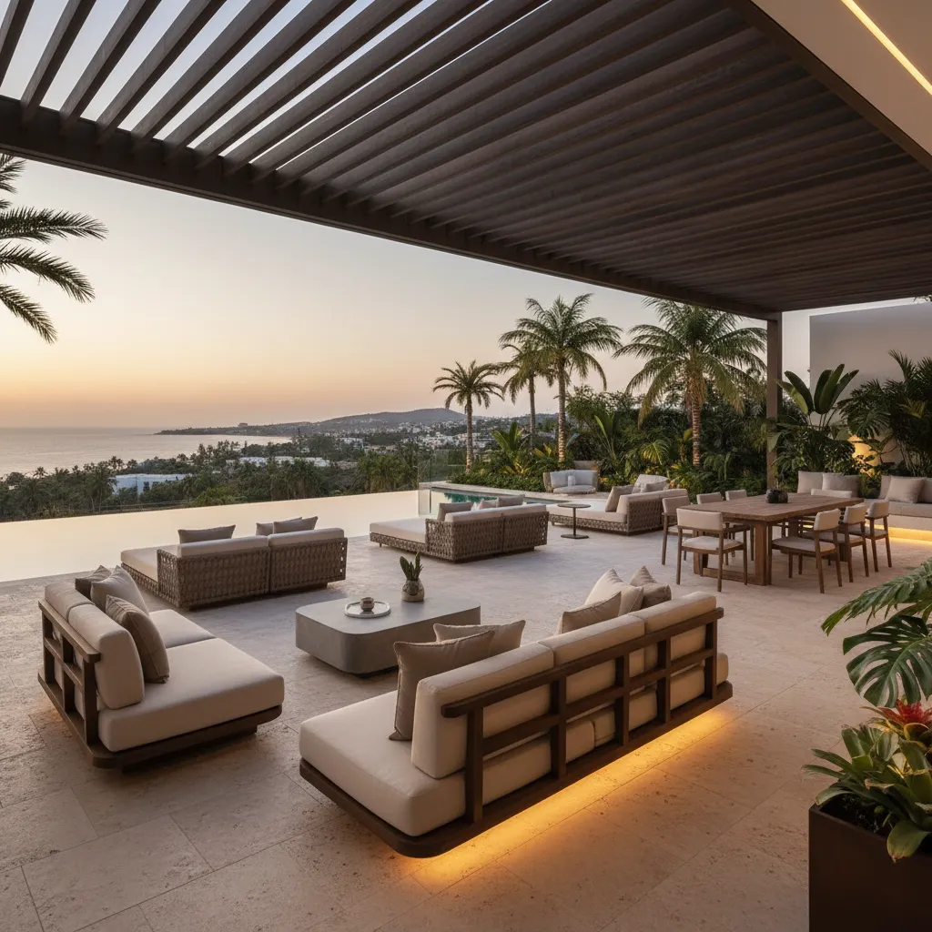 Terraza exterior de casa de lujo con zona lounge y piscina