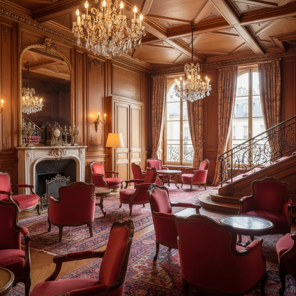 Interior clásico de hotel de lujo en París con terciopelo y madera oscura