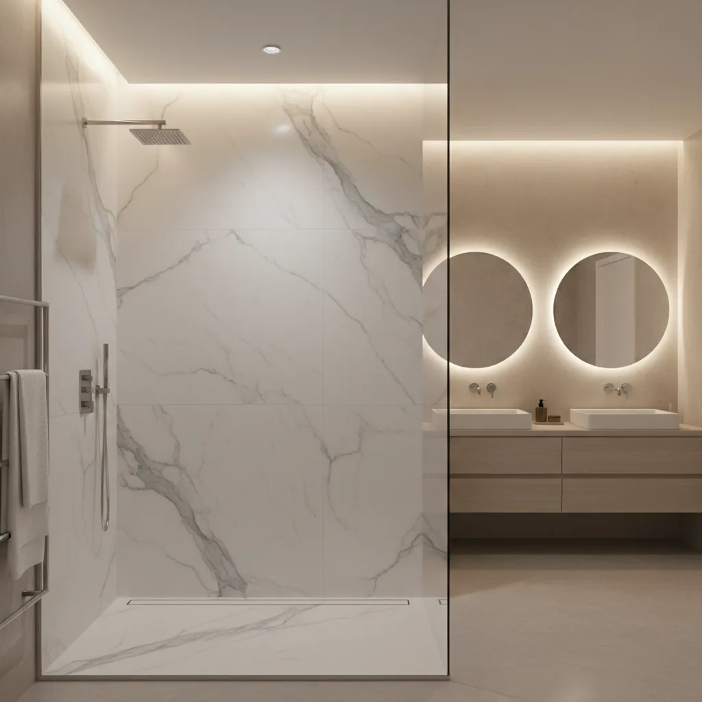 Modern shower with full height porcelain slab wall and seamless finish