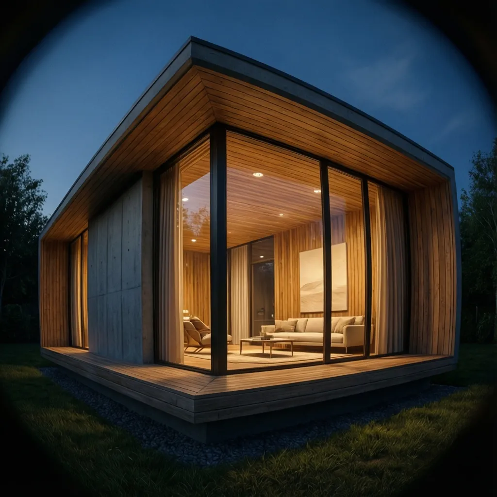 Casa prefabricada de diseño iluminada por la noche