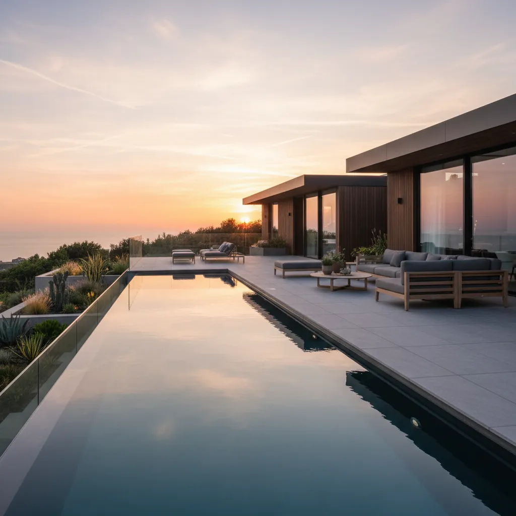 Terraza de una casa prefabricada moderna con piscina y jardín