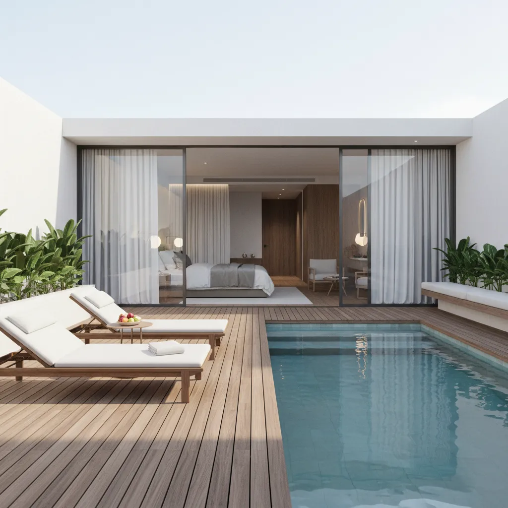 Modern luxury hotel suite with private plunge pool connected to terrace