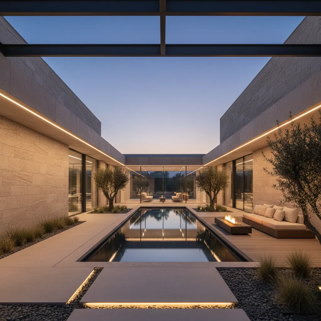 Luxury outdoor courtyard with rectangular swimming pool stone walls olive trees fire pit and lighting