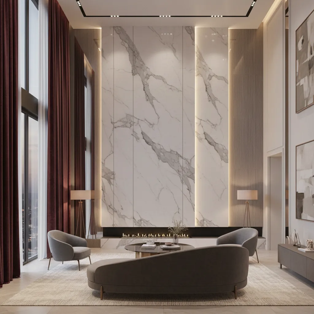 Luxury living room with burgundy velvet curtains and marble accents