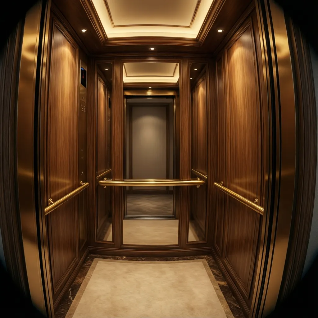 Luxury residential elevator interior with warm wood panels and soft lighting