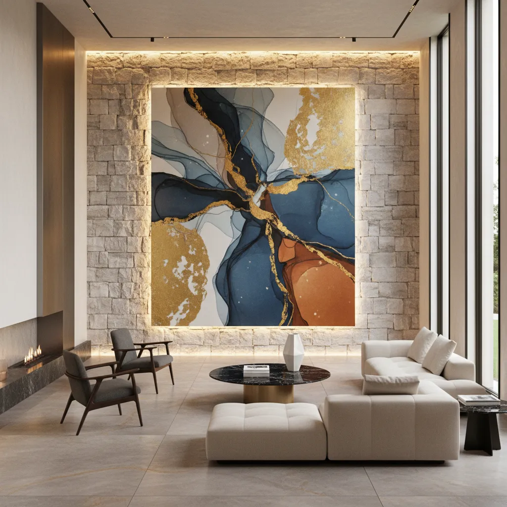 Interior residencial moderno con una gran obra de arte como foco