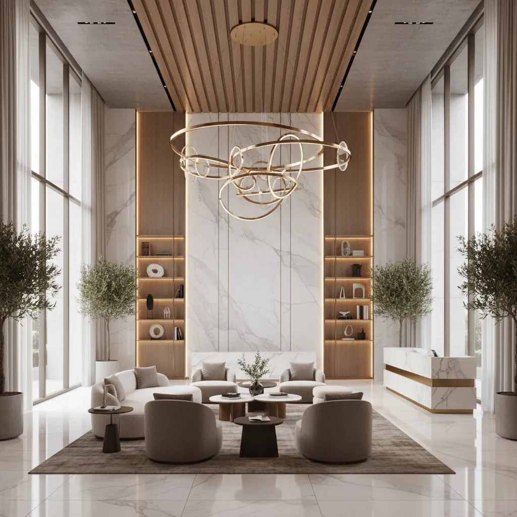 Luxury residential tower lobby designed with international interior design style