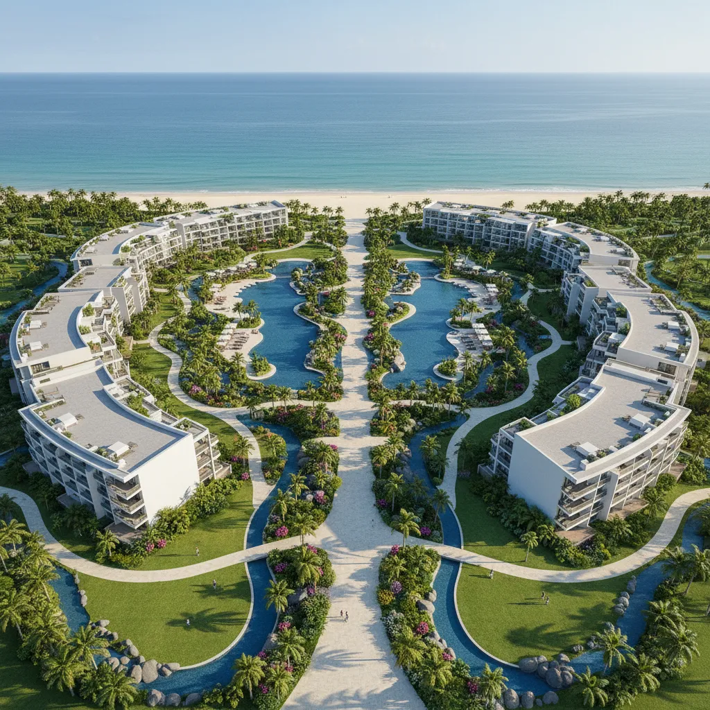 Large luxury resort hotel layout with pools gardens and guest wings