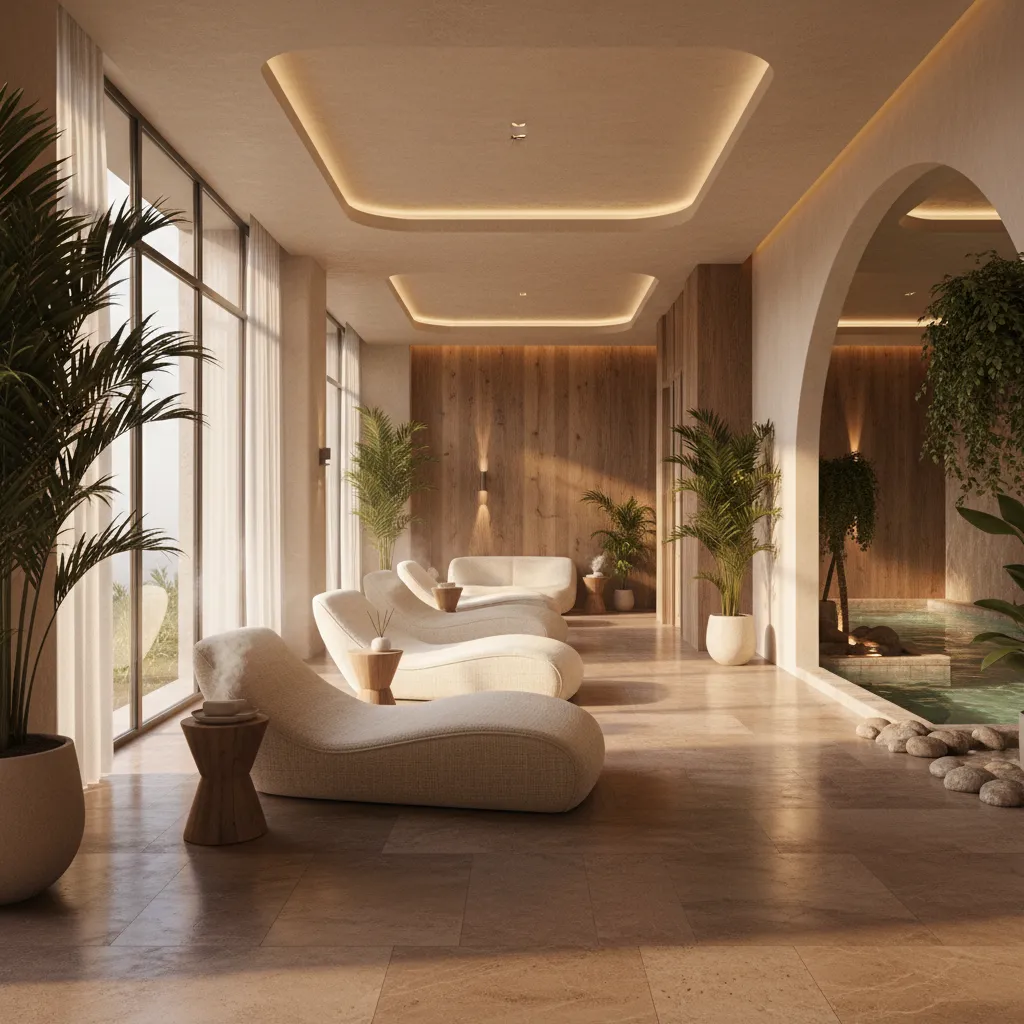 Luxury resort spa relaxation lounge with lounge chairs and natural materials