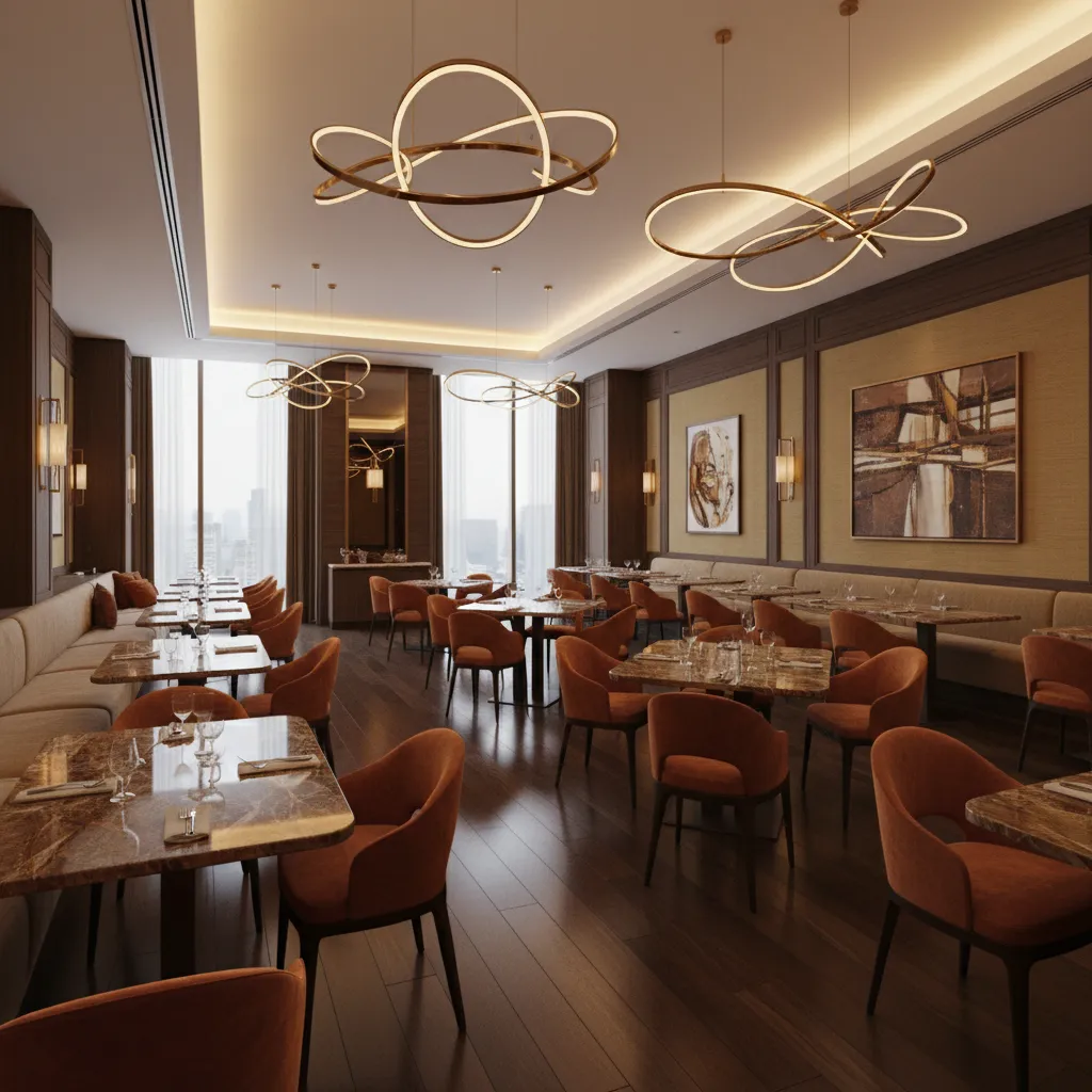 Upscale restaurant interior featuring brown marble dining tables