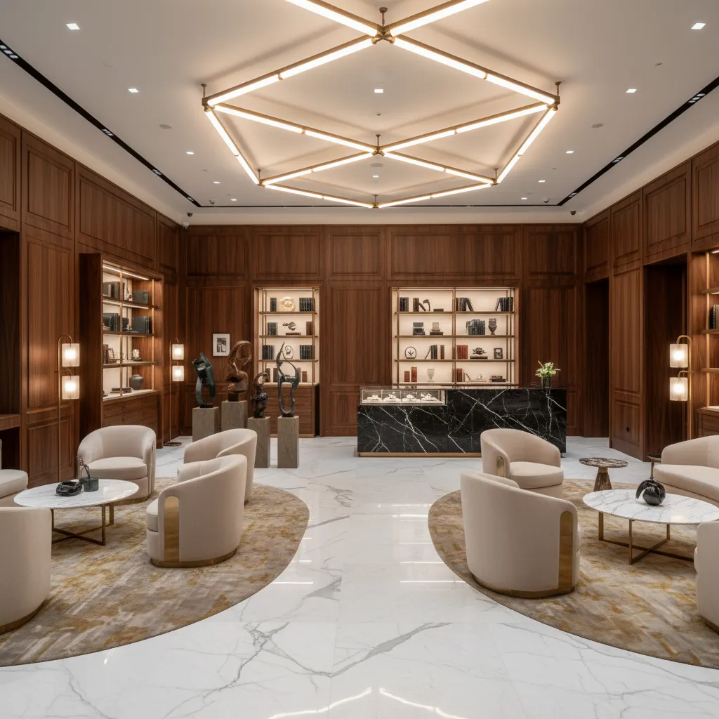 Espacio experiencial dentro de una tienda de lujo con arte y mobiliario elegante