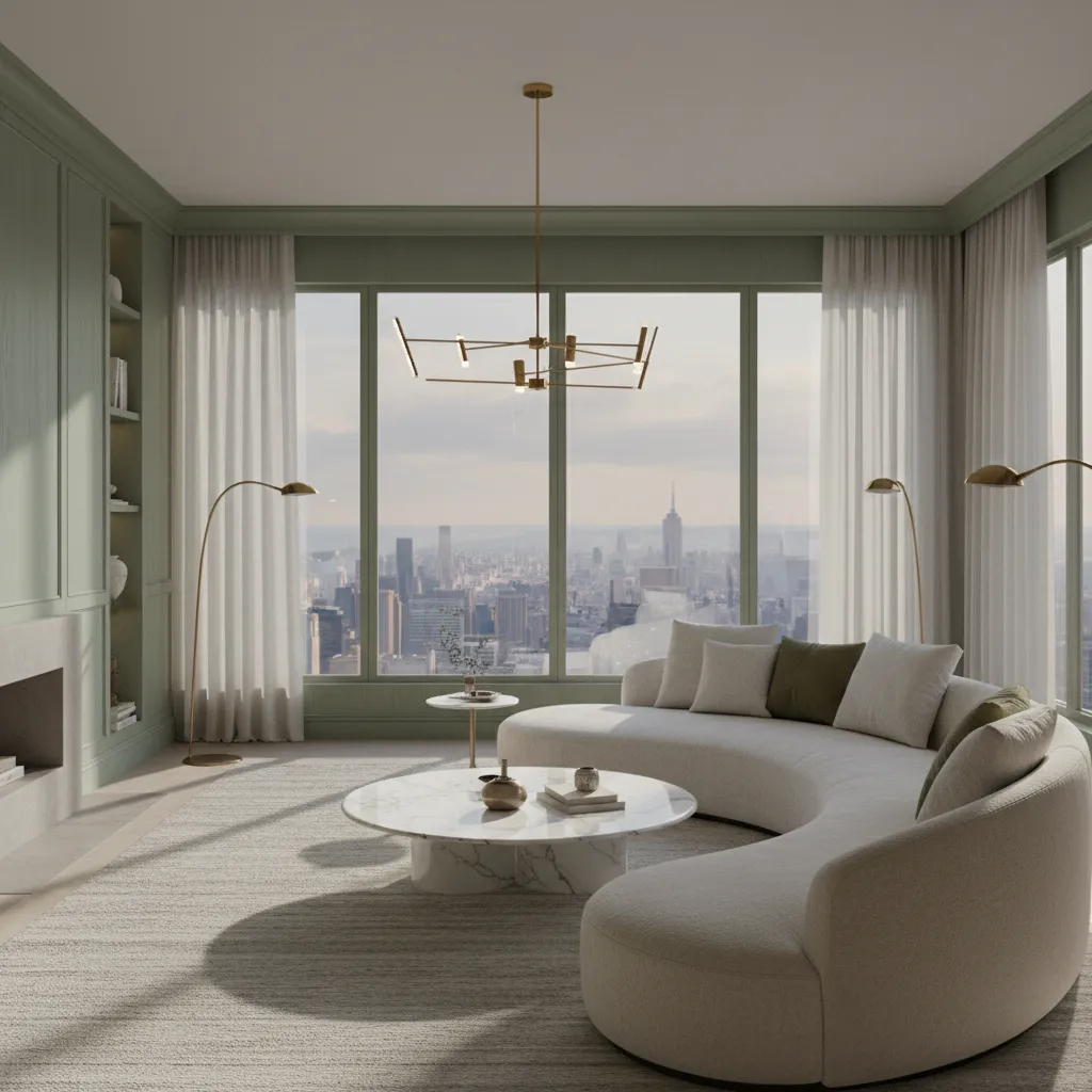 luxury living room interior with sage green walls marble table and designer furniture