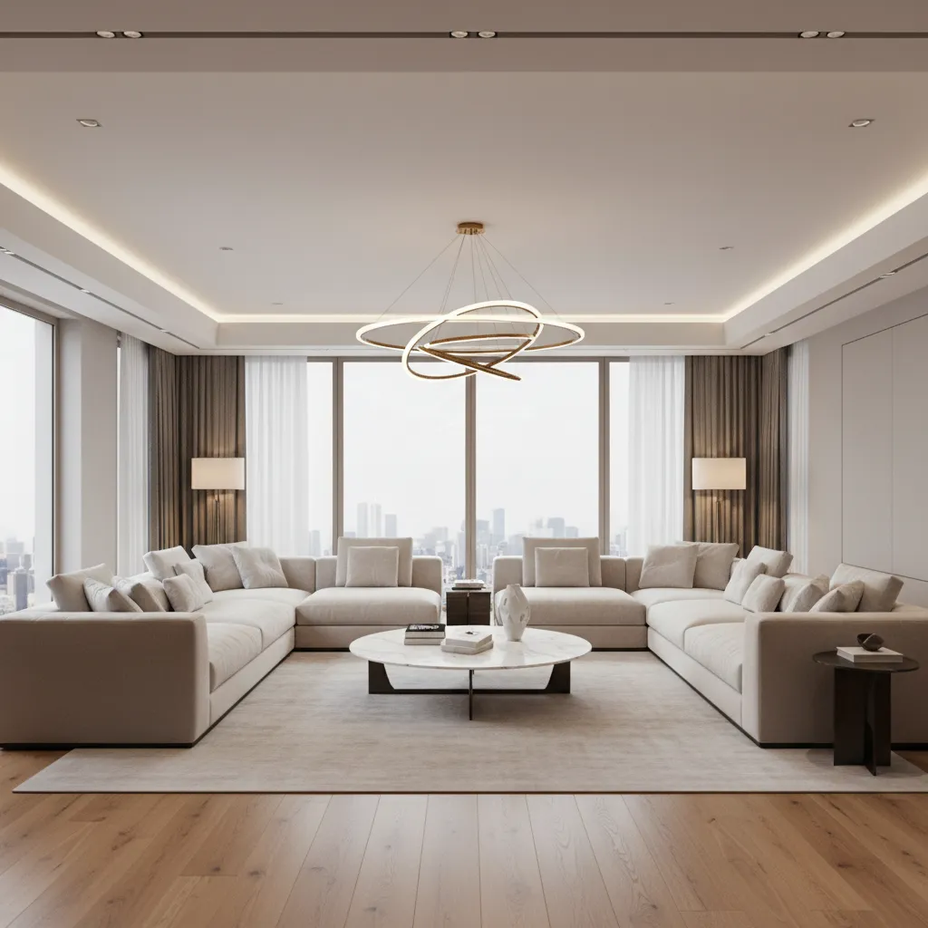 Large sectional sofa layout defining a luxury living room seating area