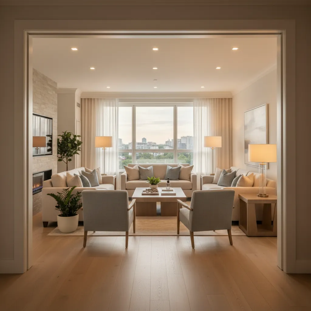 Accessible luxury senior apartment interior with wide walkways and natural light