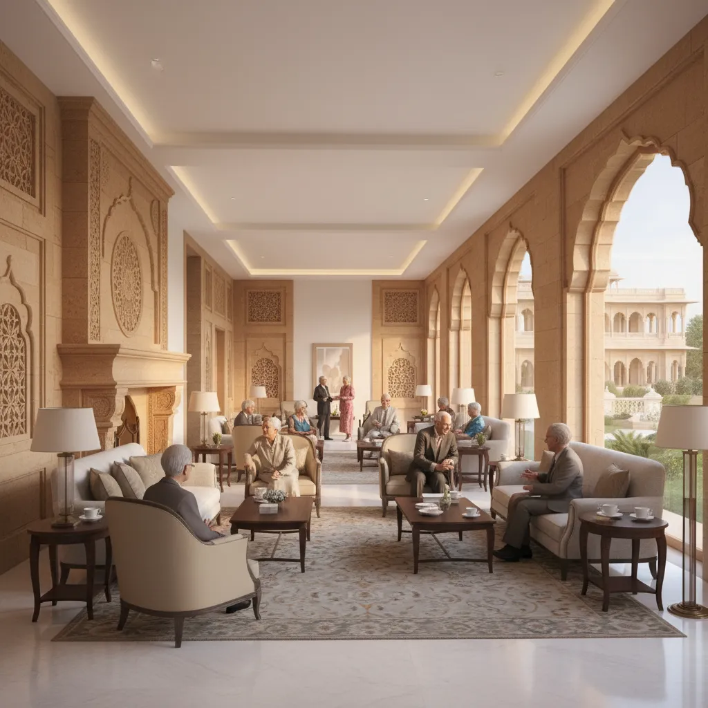 Comfortable lounge inside a luxury old age home in Jaipur with seniors socializing