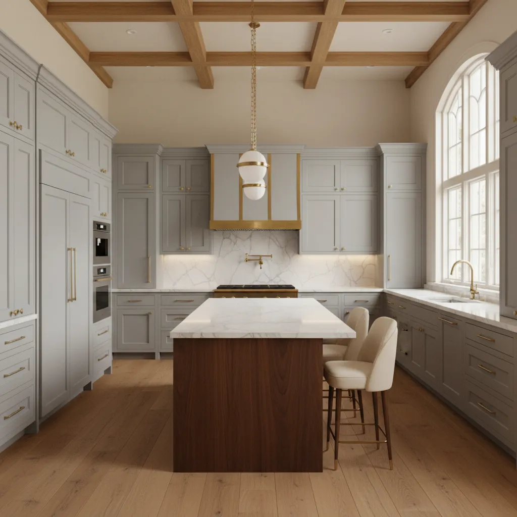 Luxury kitchen with inset shaker cabinets and marble countertops