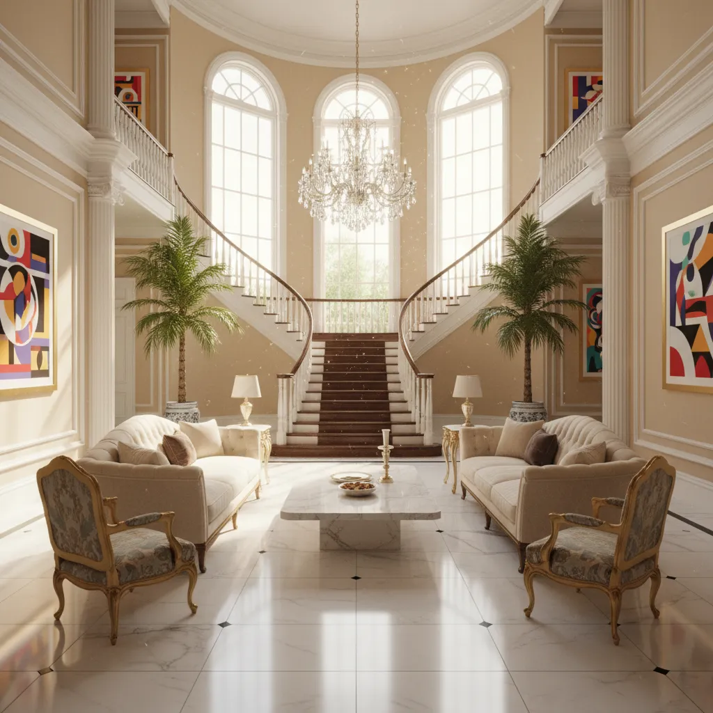 large elegant sitcom mansion living room inspired by Fresh Prince of Bel Air set design