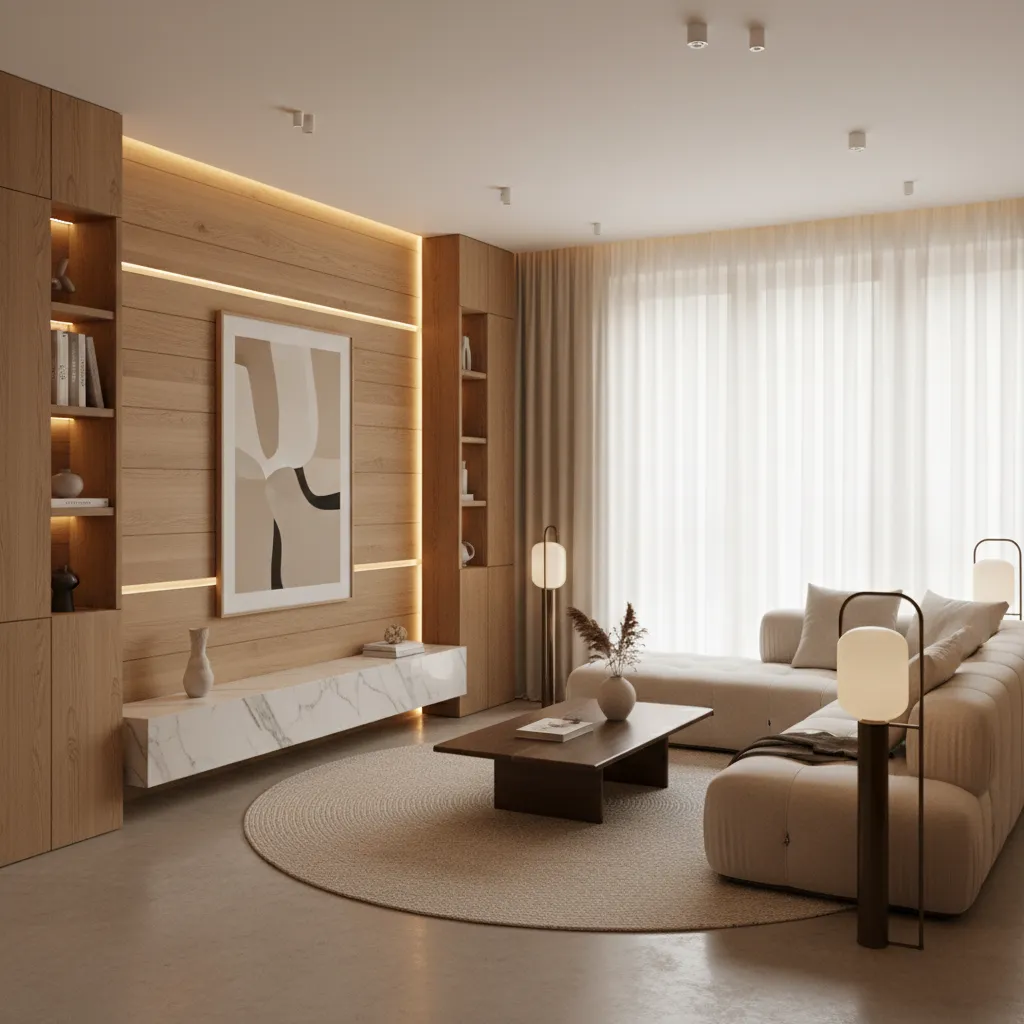 Modern living room with wood wall panel, marble shelf, beige sofa, round rug, and light