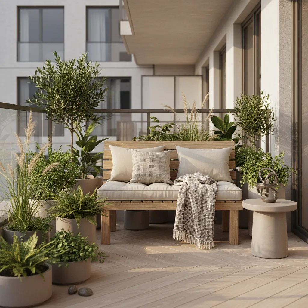 Elegant small balcony garden with wood accents seating and greenery