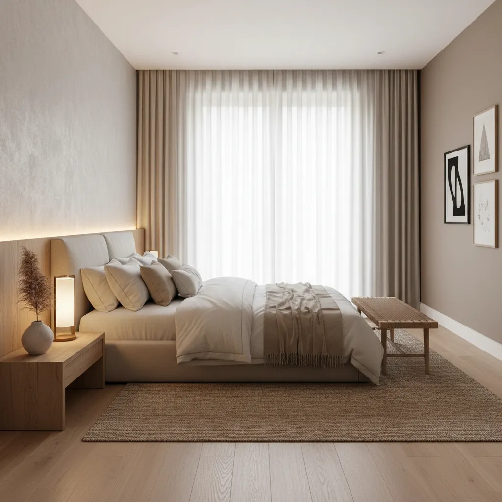 Dormitorio pequeño elegante con iluminación indirecta y diseño minimalista