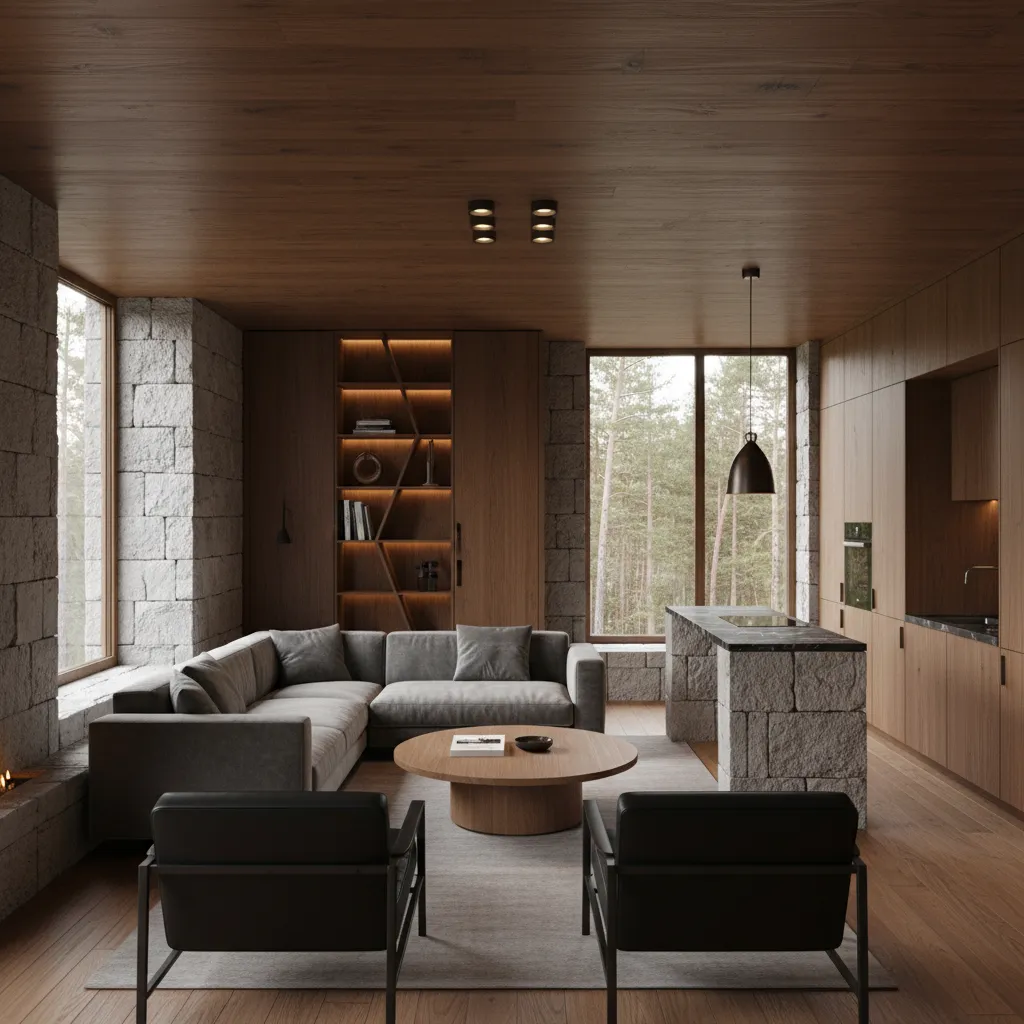 Interior elegante de casa pequeña con materiales de alta calidad