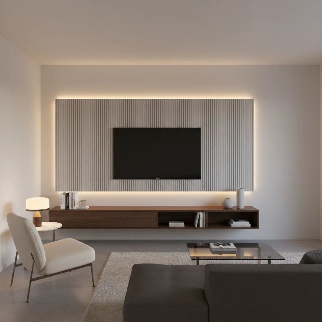 Small living room TV wall with LED backlighting and floating cabinet