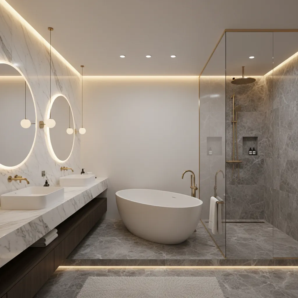 Luxury bathroom showing separated vanity, shower, and bathtub zones