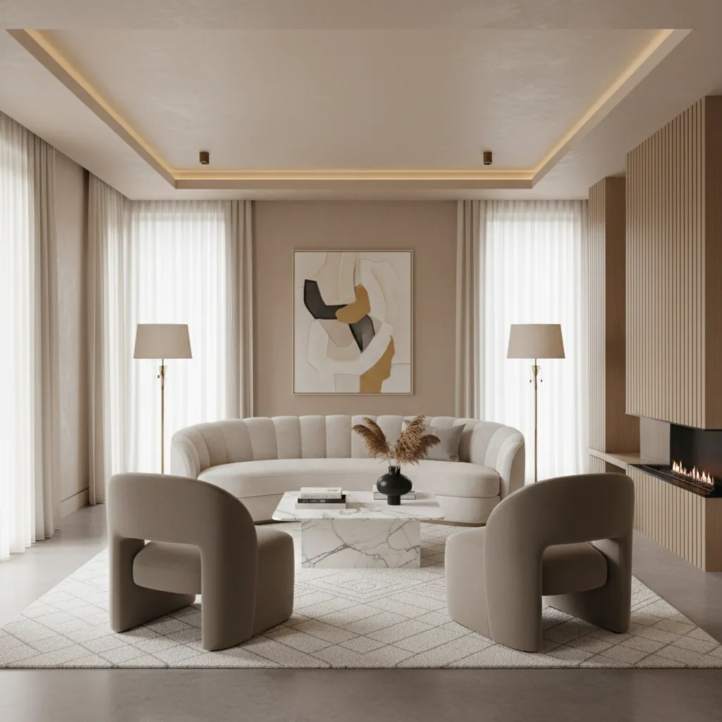 Designer living room with sofa and accent chair seating arrangement