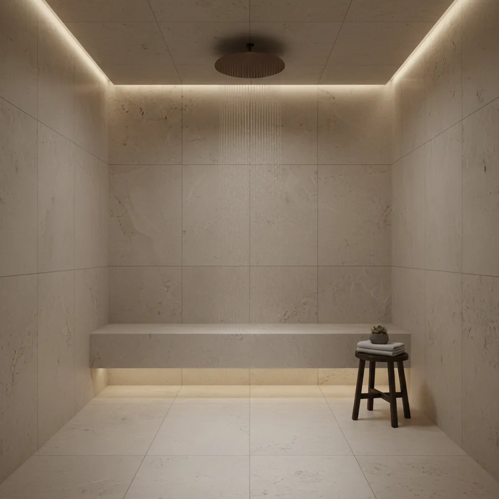 Luxury spa shower with integrated stone bench seating