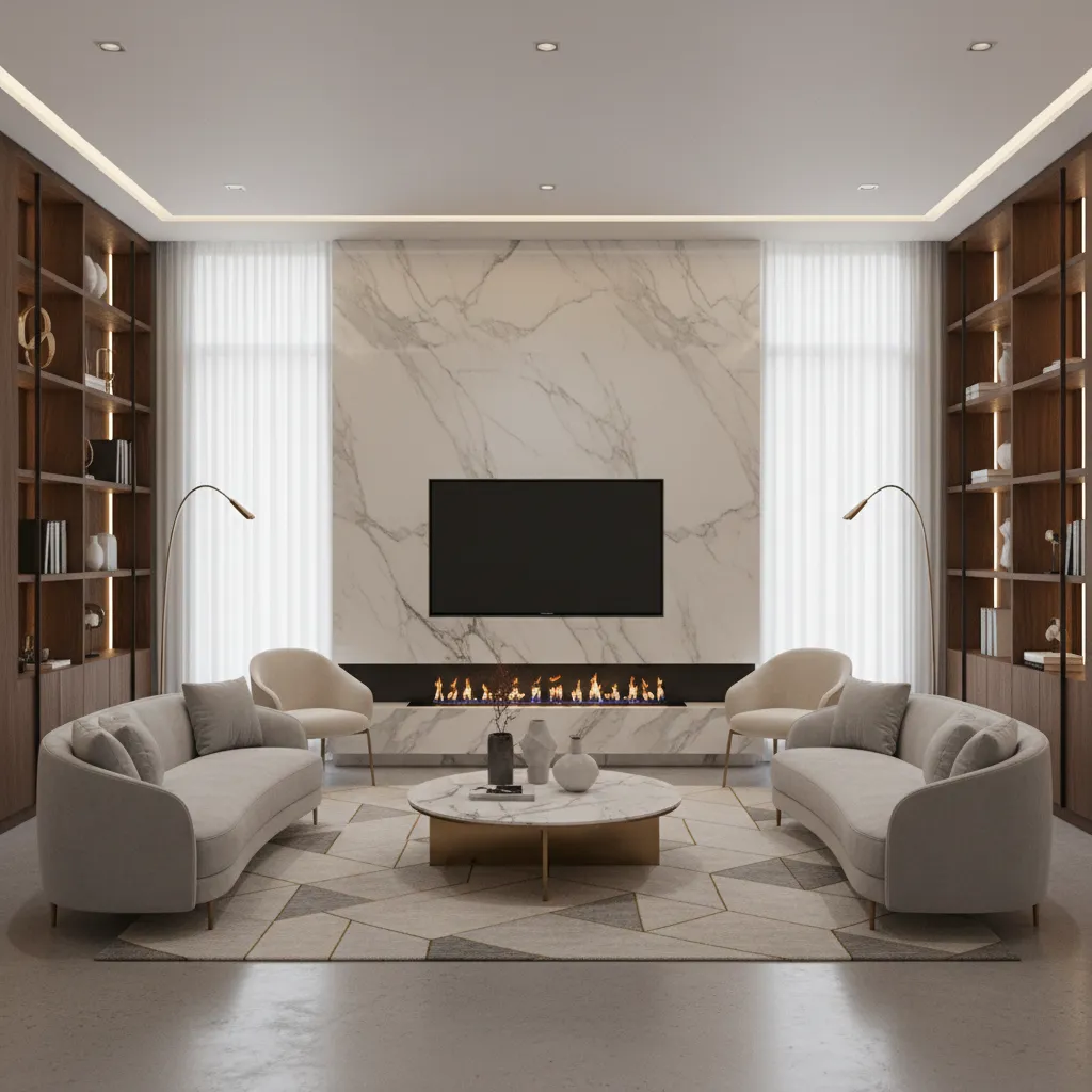 luxury living room media wall with marble slab and linear fireplace under TV