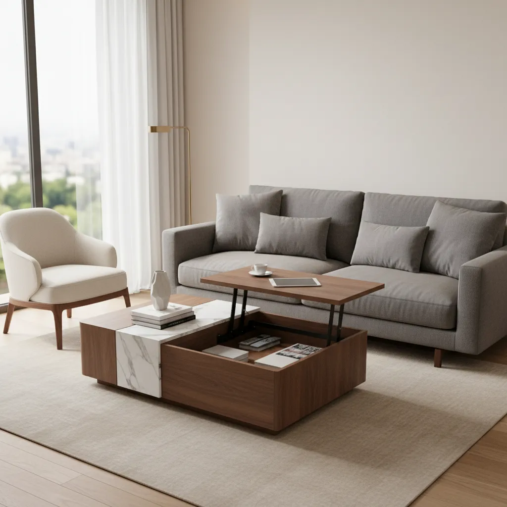 Luxury coffee table with hidden storage in a small living room