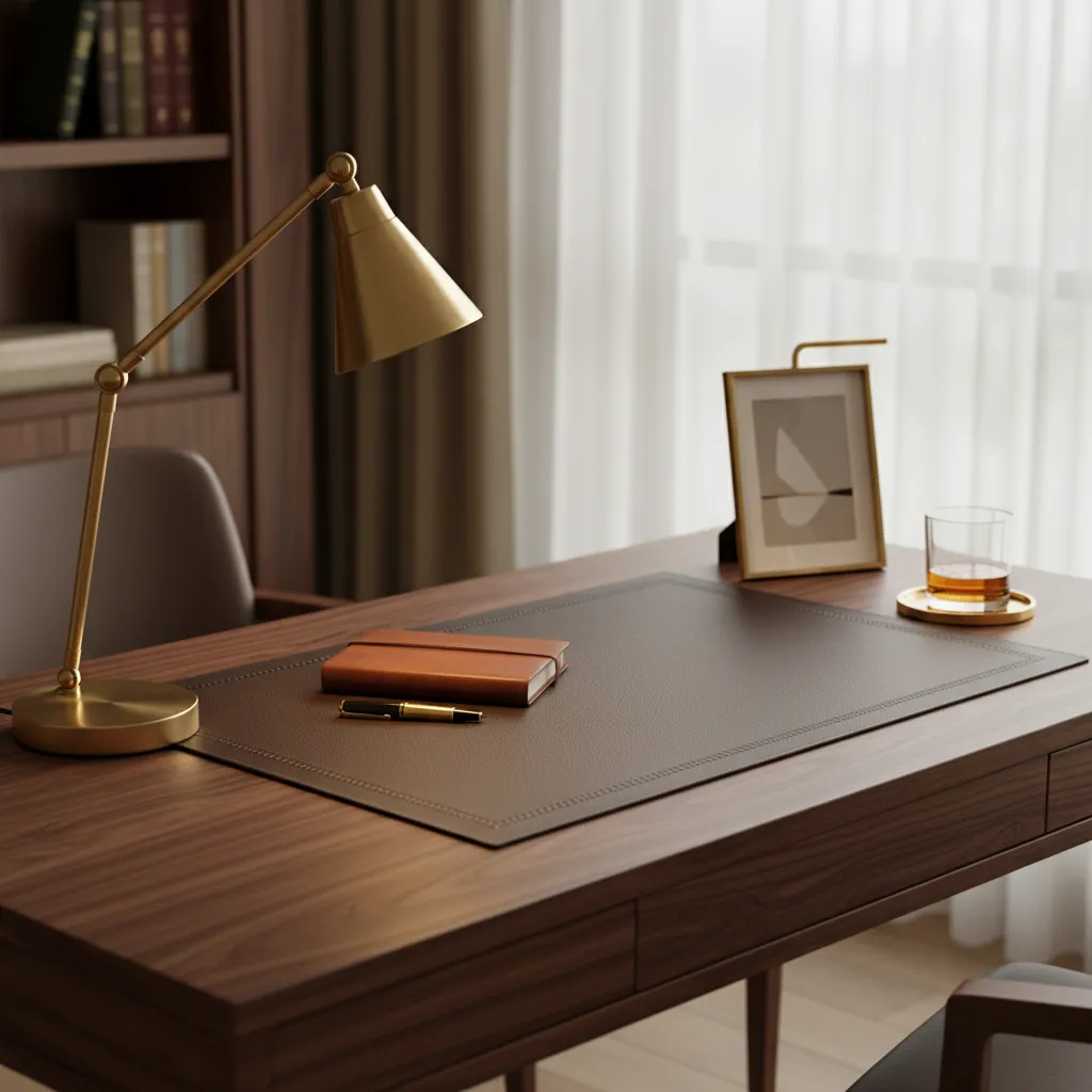 Close view of luxury study desk materials walnut brass and leather