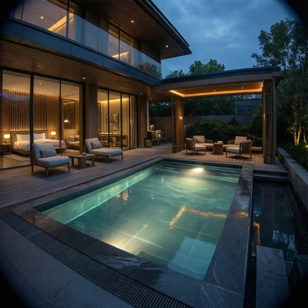 Modern luxury suite with heated plunge pool and smart lighting system