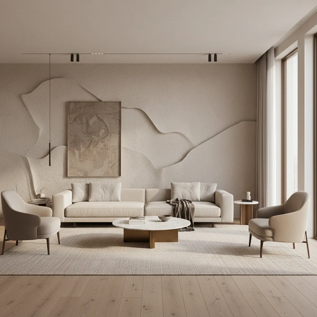 Modern living room with elegant textured accent wall behind sofa