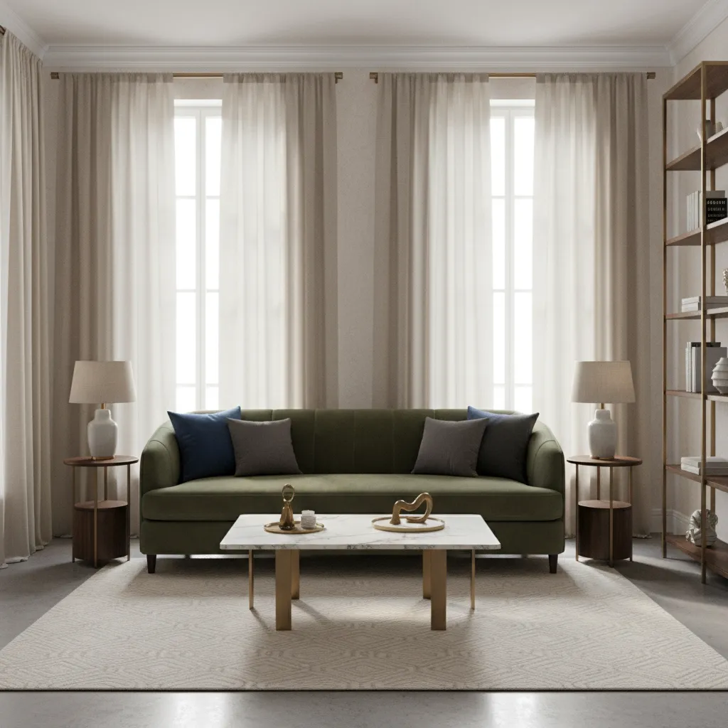 Small living room with velvet sofa marble table and brass accents