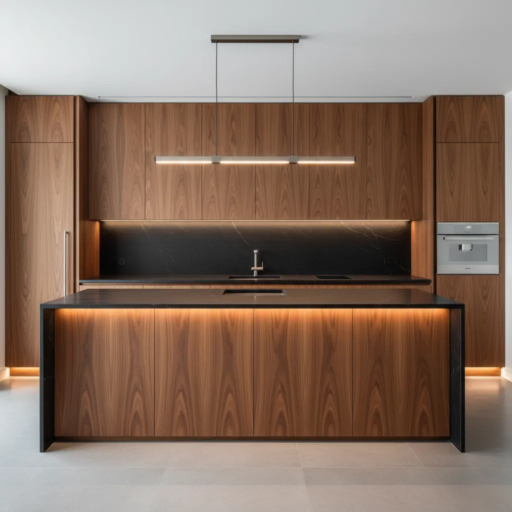 Luxury wood kitchen cabinets with black stone backsplash featuring warm light strip and long light