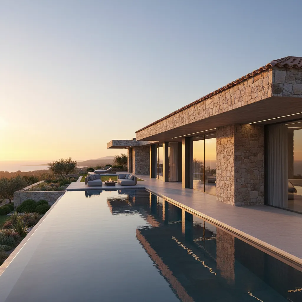 Luxury villa using flat clay tile roof design