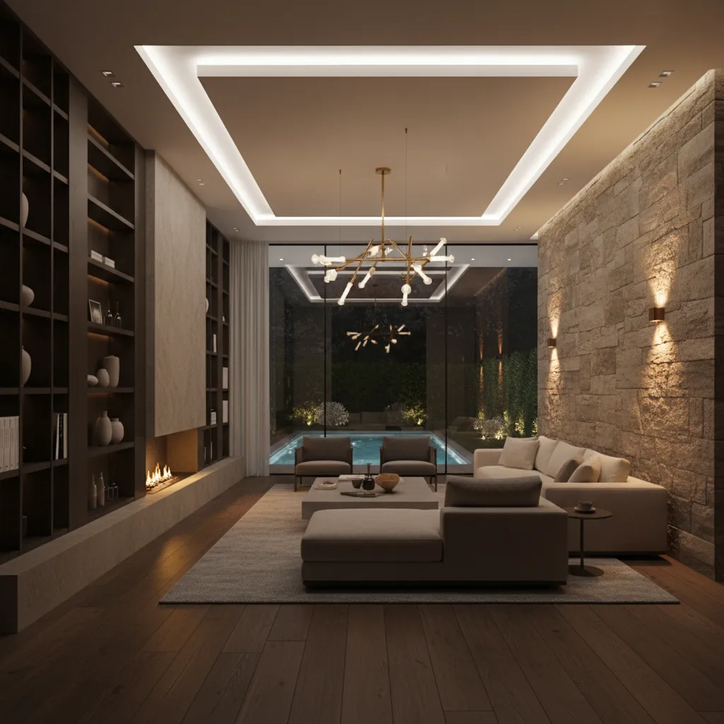 luxury villa living room at night with layered lighting and architectural illumination