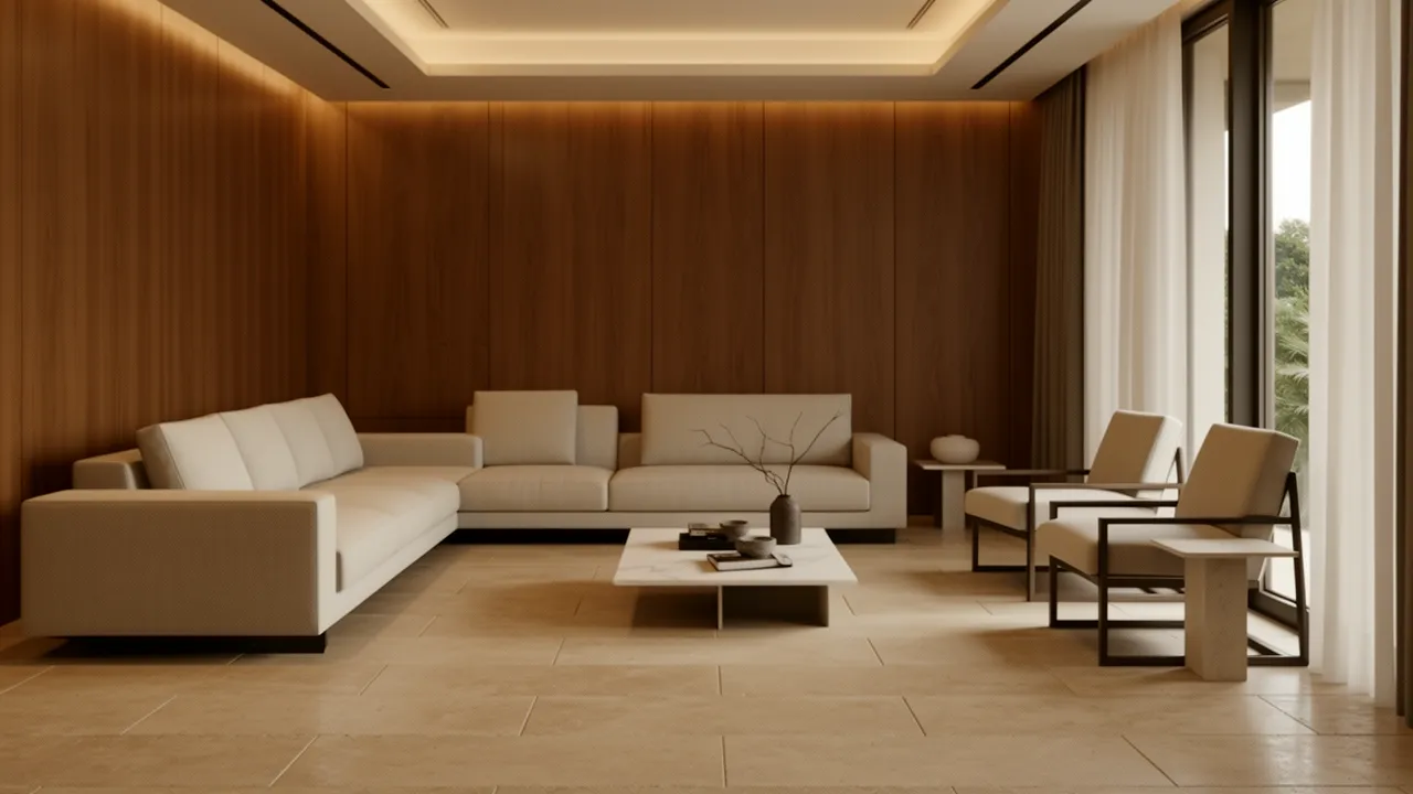 modern villa interior featuring natural stone flooring and wood wall panels