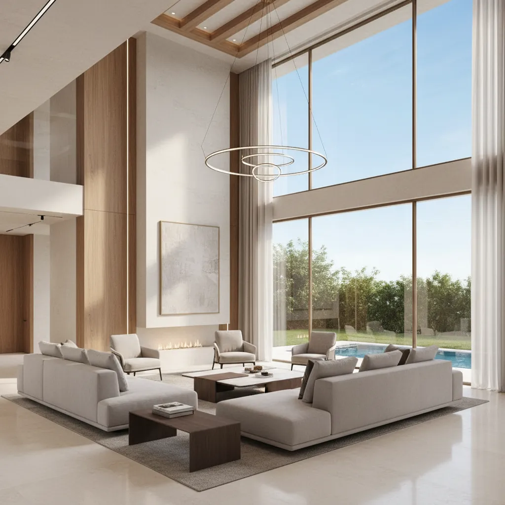 open concept luxury villa living room with double height ceiling and panoramic windows